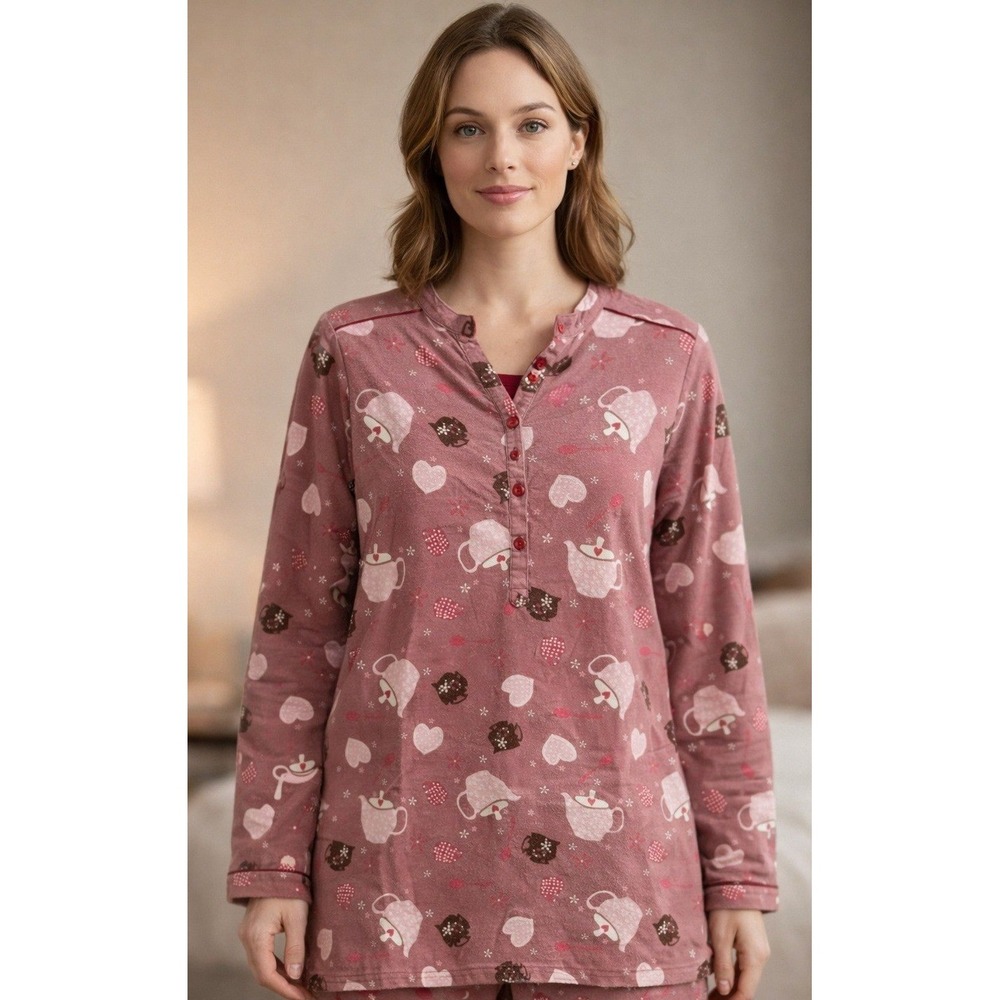 Kay Anna Pajama Top Nightshirt Sleepwear Cups Hearts Print Flannel Cotton Size M